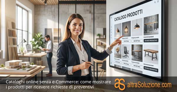 Una professionista mostra su un grande schermo un catalogo prodotti online con l'opzione Richiedi Preventivo invece del carrello, in un ufficio luminoso