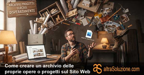 Un uomo travolto da un archivio disorganizzato fisico e digitale di progetti web