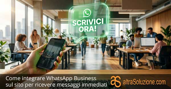 Ufficio moderno luminoso con icona 3D fluttuante di WhatsApp SCRIVICI ORA e mano con smartphone