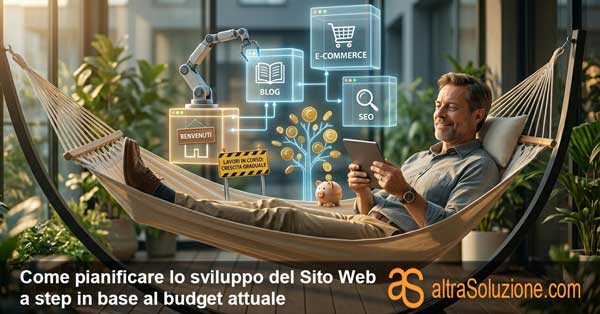Imprenditore sereno pianifica lo sviluppo modulare e scalabile di un sito web in base al budget.
