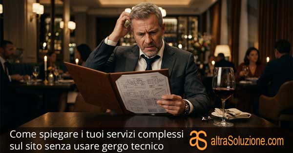 Imprenditore confuso che legge un menu complesso al ristorante