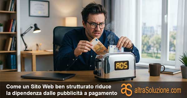 Imprenditore ironico che infila banconote in un tostapane con la scritta ADS