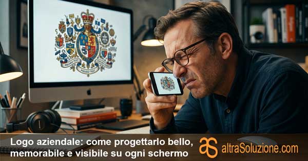 Un uomo frustrato e con gli occhiali si sporge con il viso per leggere un minuscolo logo illeggibile sullo schermo di un telefono.
