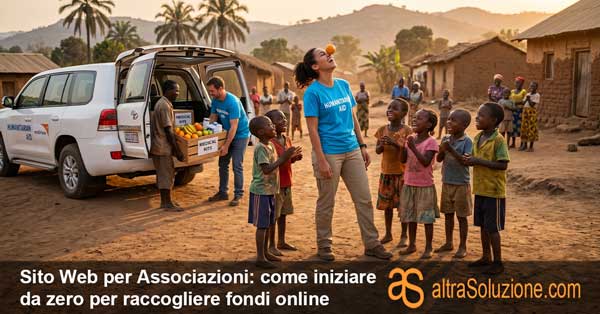 Scena di aiuto umanitario con volontari che distribuiscono cibo e fanno ridere i bambini
